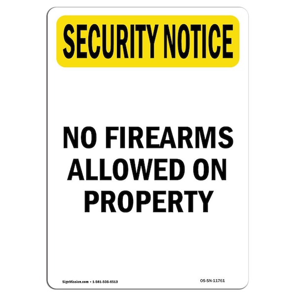 OSHA Security Sign, 5" Height, No Firearms Allowed On Property, Portrait, 10PK